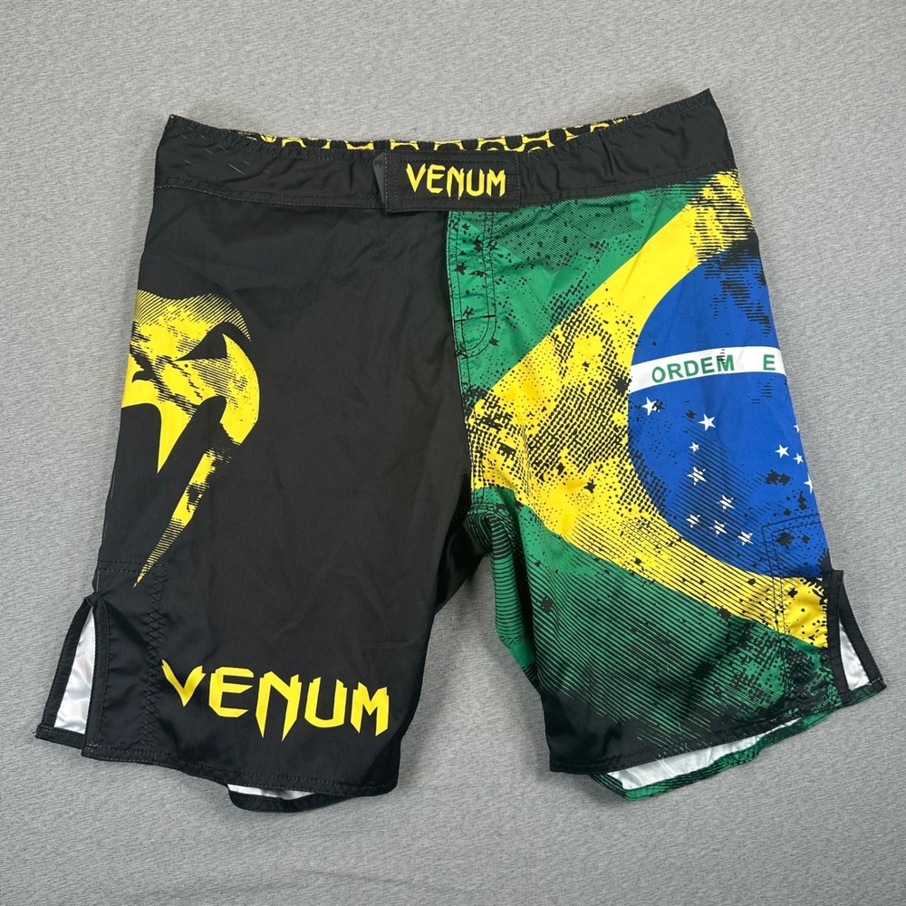 Venum Brazil Flag MMA Fight Shorts Mens XL Black Green Yellow Combat Grappling